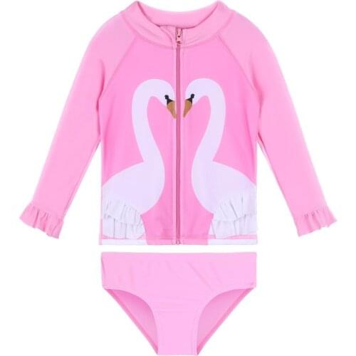 BAOHULU Baby Girls Swimwear Kids Two Pieces Long Sleeves UPF50+ Swimsuit Ruffle Zipper Pink Swan Cute Bathing Suit for Children