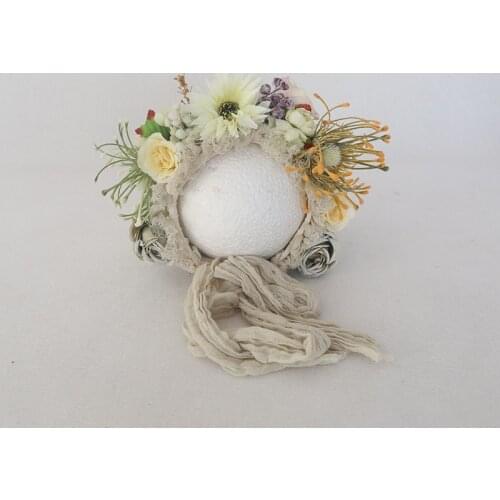 Beige Newborn Floral Bonnet Handmade Baby Girl Flower Hat Newborn Bonnet photography Props