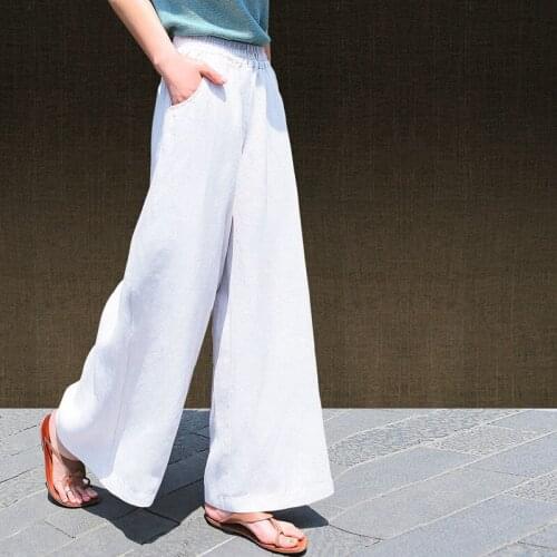 2020 Spring Summer Casual Womens Stretchy High Waist Wide Leg White Black Loose Linen Trousers , Orange Pants for Woman