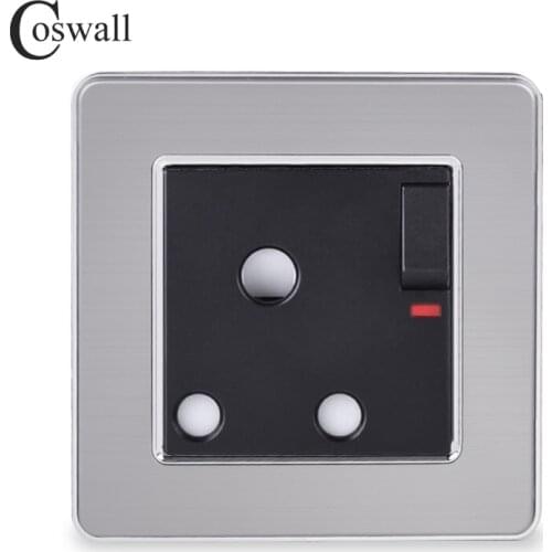 COSWALL Silver Stainless Steel Panel 15A 3 Round Pin Socket South Africa Outlet Grounded Black Color