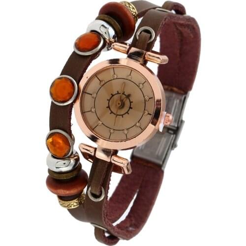 Gnova Platinum Genuine Leather Bracelet Women Watch Orange Crystal Stainless Vintage Fashion Wristwatch Quartz Clock femme A937