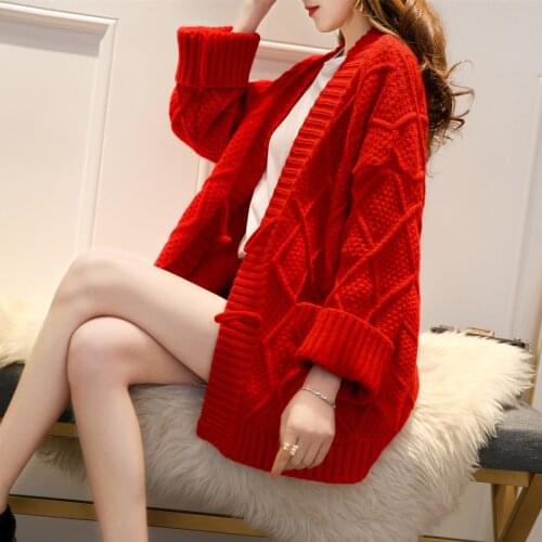 Red Knitted Cardigan Sweater Loose Plus Size V-neck Casual Thicken Autumn Winter New Korean Long Sleeve Ladies Knit Sweaters 2XL