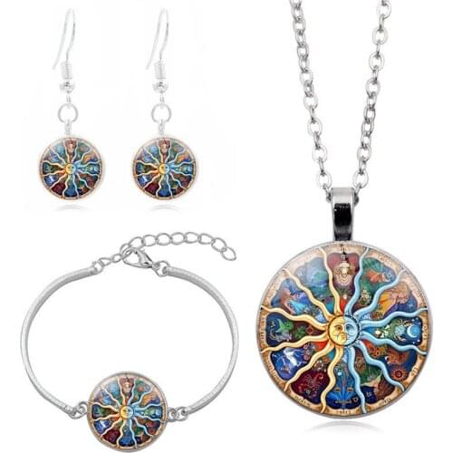 MIQIAO Zodiac Constellation Sun Moon Star Time Pendant Necklace Earring Bracelet 3 Jewellery Set for Women Girls Friends Gift