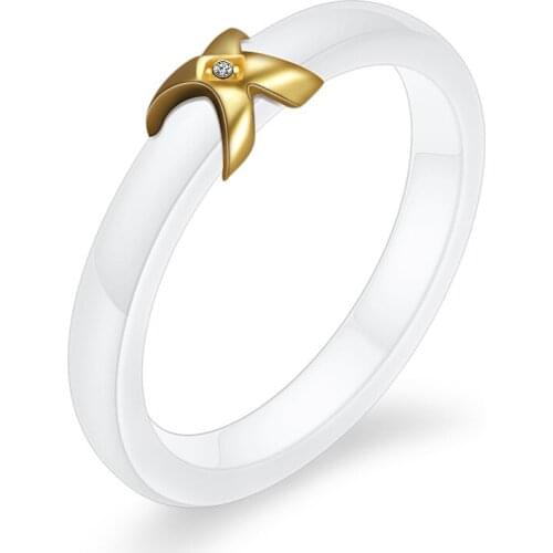 New Fashion Black White Porcelain Simple Womens Gold Inlaid Crystal Lovers Ring Jewelry Good Quality