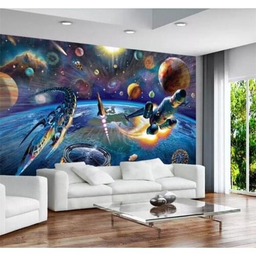 Custom Mural Wallpaper Modern Hand Painted Cartoon Space Spaceship Children Room Bedroom Wall Decoration Wallpaper For Kids Room