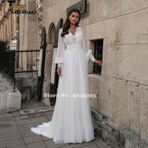 Simple Irovy Wedding Dress 2021 Sexy V Neck Long Puff Sleeve Chiffon Lace Bridal Gown Princess Robe De Mariée Vestidos Sukienki