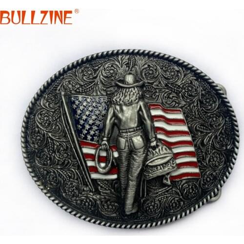 The Bullzine cowgirl belt buckle with US flag with pewter finish FP-03594 suitable for 4cm width snap on belt