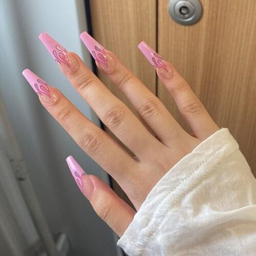 24Pcs/Set Pink Flame Printed Fake Nails Removable Super Long Paragraph Fashion Manicure DIY Nail Art Decoration For Manicures
