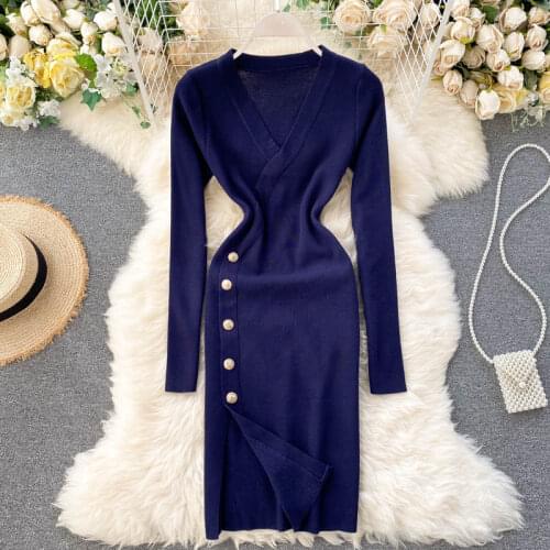 Teeuiear Slim v neck Autumn Bodycon Knitted Sweater midi Dress Winter Button Party sexy split dress casual Women elastic dress