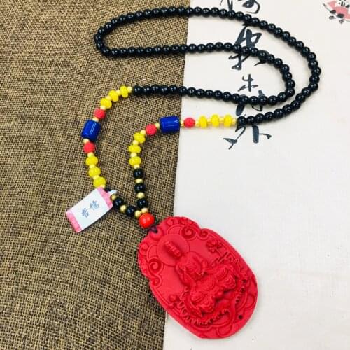 Zheru Jewelry Natural Vermilion Carved Lotus Guanyin Pendant with three-color bead necklace for men and women sweater chain
