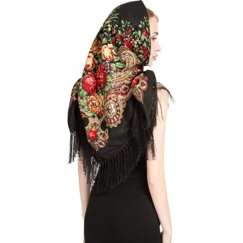 Russian Scarf Shawl Women Head Wrap Hijab Babushka Ukrainian Scarves Square Blanket Tassel Retro Handkerchief 110cm Fringe Scarf