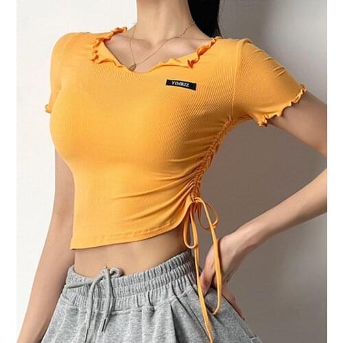 Women Sportswear Yoga Shirt Sexy Fungus Crop Top Shirts High Elastic Workout T-shirts Short Sleeve Female Quick Dry Dancing Tee