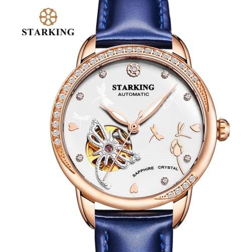 STARKING Brand Mechanical Watches Women Automatic Skeleton Steel Rose Gold Stylish Female Wrist Watch Blue Leather Relogio 2018