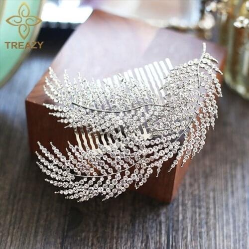 TREAZY Vintage Crystal Large Feather Shape Hair Combs for Women Bridal Hair Accessories Rhinestone Prom Wedding Hair Jewelry
