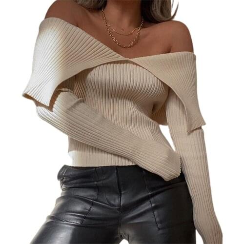 Women Knited Off shoulder Sweater Pullover Y2k Fashion Sweaters Pull Crop Tops Streetwear Large Lapel Autumn Winter Slim Tops