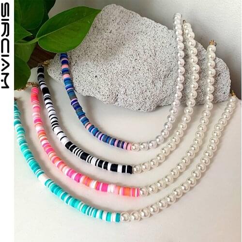 Ins Asymmetry Pearl Candy Clay Beaded Necklace For Women Soft Pottery Bead Choker Imitation Pearl Simple Necklaces Femme Jewelry