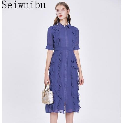 Women Spring Summer Elegant Chiffon Dress Shirt High Quality Office Cocktail Party Robe Femme Ruffle Designer Vestidos
