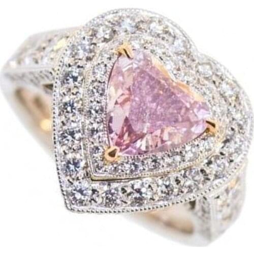 Elegant Inlaid Pink Heart Love Shaped Full Crystal Zirconium Rhinestone Female Ring for women Wedding Engagement Jewelry