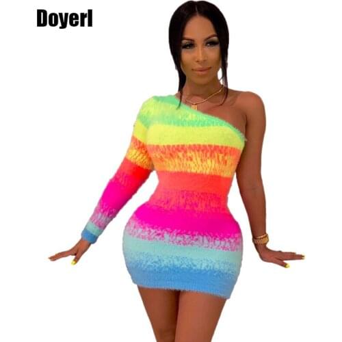 Long Sleeve Sexy Party Dress Women One Shoulder Bodycon Dress Short Slim Stretch Elegant Striped Print Mini Club Dress Vestidos