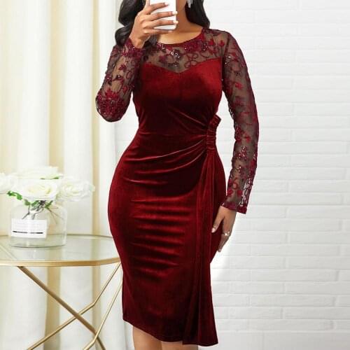 Woman dress Sexy Women See Through Long Sleeve Lace Patchwork Ruched Bodycon Party Dress dresses for women basis clothing 2020