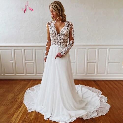 Charming Wedding Dresses Chiffon Appliques Pleat V-Neck Full Sleeve Covered Button A-Line Bridal Gowns Novia Do 2021 New