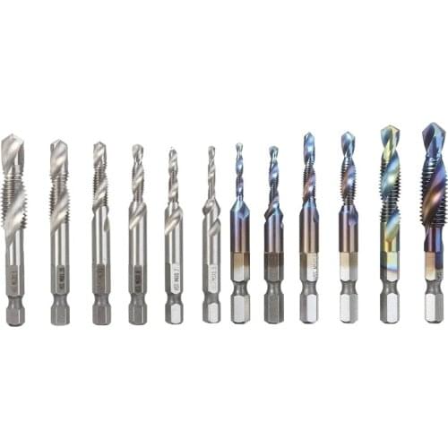 12pcs M3-M10 Titanium Plated Compound Tap Set HSS Combination Drill Tap Bit Countersink Hex Shank Screw Thread Drill Bits