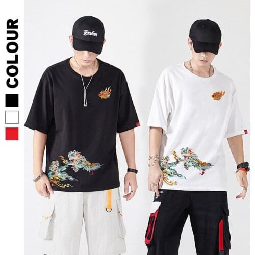 2021 summer large size mens Chinese style Xinglion embroidered short sleeve T shirt male hip-hop couple half sleeve