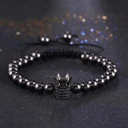 KANGKANG 2019 Noble Trend 6mm Hematite 4 colors Beads Bracelets Weaving Micro Pave CZ Crown Mens Jewelry for women&men Bijoux
