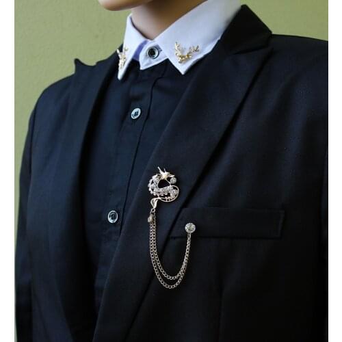 The New Unisex Dragon Lapel Pin Brooch Rhinestone Shirt Collar Pins Lapel Pin Brooch Pins Women Men Tassel Chain Brooches