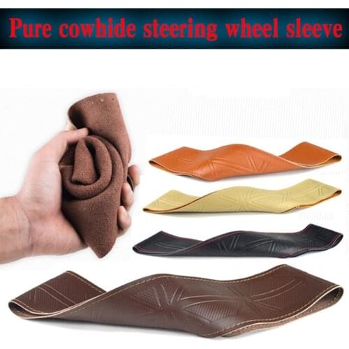 Car Steering Wheel Cover Soft Anti slip 100% Cowhide Braid Leather handsewn car steering wheel sleeve 38CM Interior Accessories