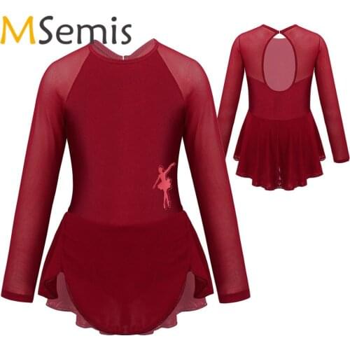 Kids Girls Ballet Dance Leotard Dress Long Sleeves Tulle Splice Cutouts Back Figure Ice Skating Roller Skating Ballet Costume