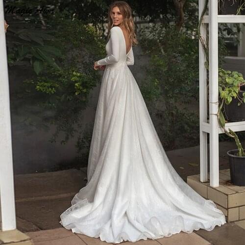 Magic Awn Graceful Lace Satin Wedding Dresses Long Sleeves Appliques Illusion V-Neck Backless Princess Boho Wedding Party Dress