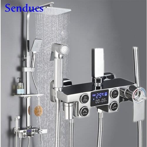Senducs Chrome Digital Shower Set Rainfall Shower Head Quality Brass Bathtub Mixer Faucet Chrome Thermostatic Bath Shower Set