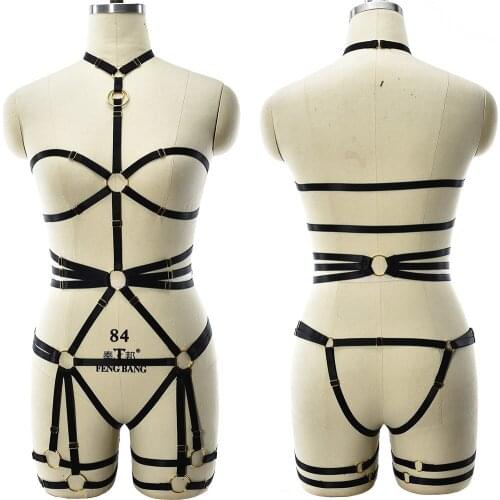 JLX.HARNESS Black Goth Bondage Belt Rave Body Cage Punk Body Harness Sexy Lingerie Hollow Bra Set Stocking Garters Leg Harness