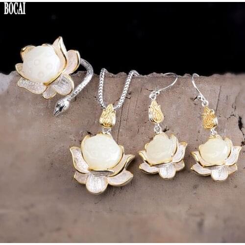 100% real S925 Silver Jewelry Ethnic Style White Jade Lotus Ring for Woman Lotus Pendant Natural Jade Pendant and Earring Set
