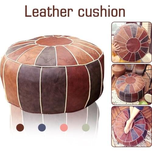 Moroccan PU Leather Pouf Covers Embroider Craft Hassock Ottoman Footstool Round Large Artificial Leather Unstuffed Cushion Cover
