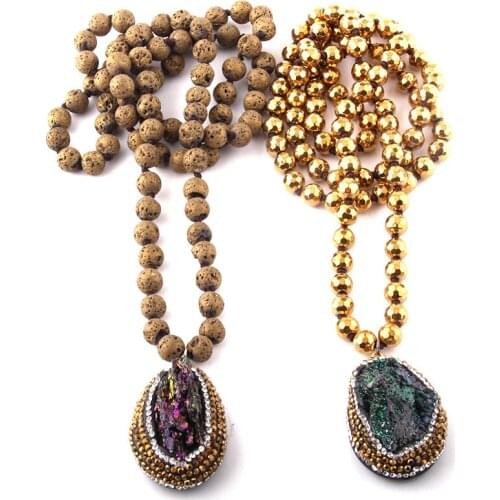 Fashion Bohemian Jewelry Hematite/Lava Stones Knotted Natural Druzy Pendant Necklace