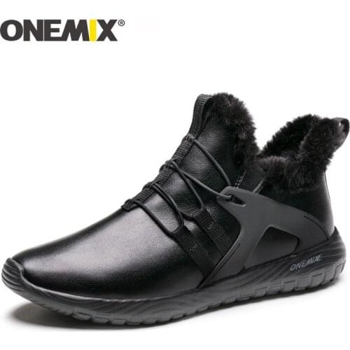 ONEMIX New Winter Men Running Shoes Outdoor Leather Black Sneakers Soft Waterproof Keep Warm Plush Men Snow Boots Walking Shoes