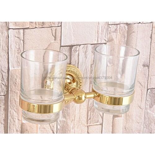 Wall Mounted Gold Color Brass Double Cup Holder Toothbrush Holder with Two Glass Cups Rack Tumbler Holder Nba600