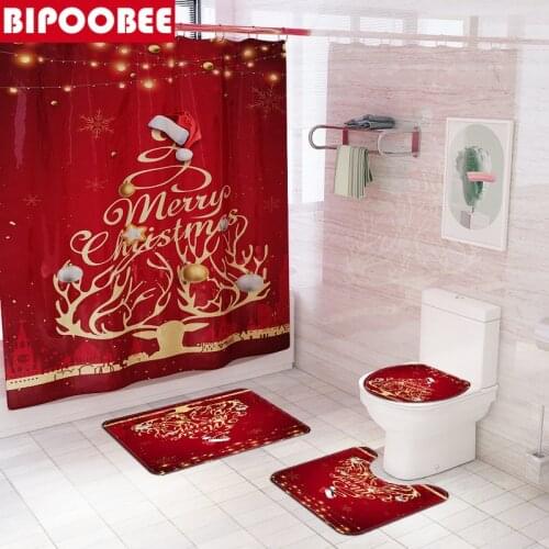 Xmas Trees Red Shower Curtains 3d Merry Christmas Bathroom Curtain Set Anti-slip Carpet Toilet Cover Bath Mats Festival Decor
