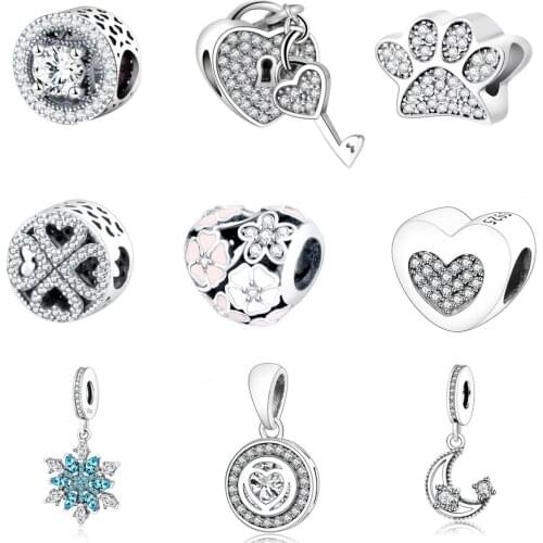 925 Sterling Silver Beads Fit Original Fine Charms Bracelets Snowflake Dangle Charm With Clear Blue Cubic Zirconia Berloque