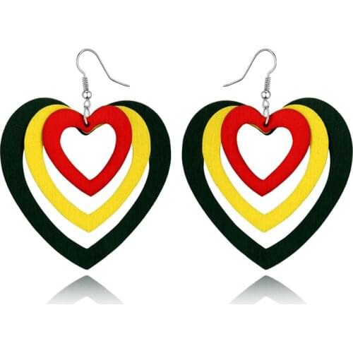1Pair Boho Indian Woman Africa Maxi Earrings For Women Jewelry Colorful Natural Wood Three Layers Heart Dangel Big Earings E610