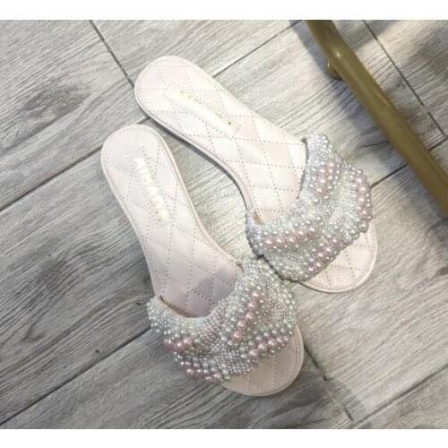 Carpaton Summer Fashion Pearls Beaded Woman Slippers Sexy Open Toe Flat Shoes ladies Summer Slides Beach wearing Shoes
