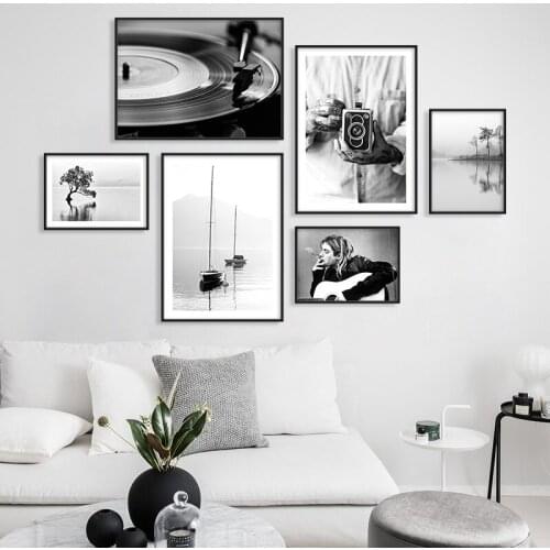 Nordic Vintage Camera Music Lake Ship Nature Landscape Wall Art Canvas Painting Posters and Prints Wall Picture for Room Decor