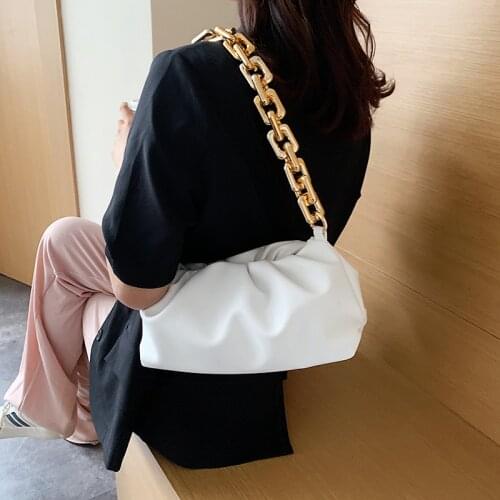 White Small Dumpling Bag for Women Hot Soft Leather Pleated Crossbody Shoulder Bags Lady Solid Color Thick Chain Cloud Tote Bag