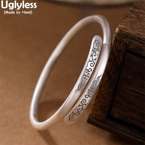 Uglyless Thai Silver Black Irregular Totem Patterns Vintage Ethnic Jewelry for Women Real 999 Full Silver Overlapped Open Bangle