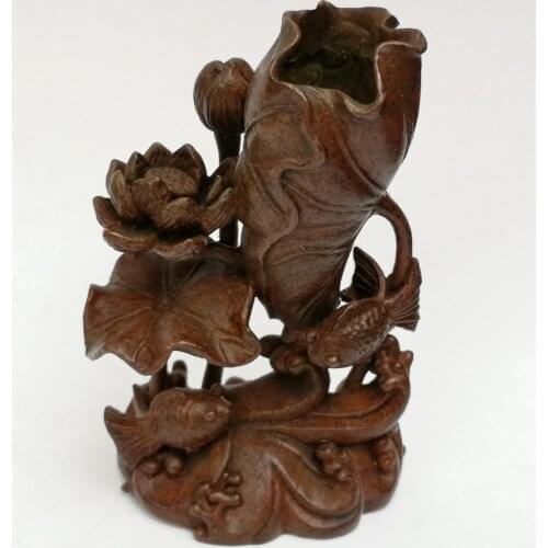 YIZHU CULTUER ART Collection Old China Bronze Carving Exquisite Lotus Fish Incense seat Family Decoration Gift
