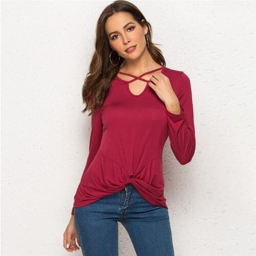 Women Shirts Fashion V-neck Cross Women Shirts Summer Long Sleeve Tops Hollow Out Top Femme Top Shirts