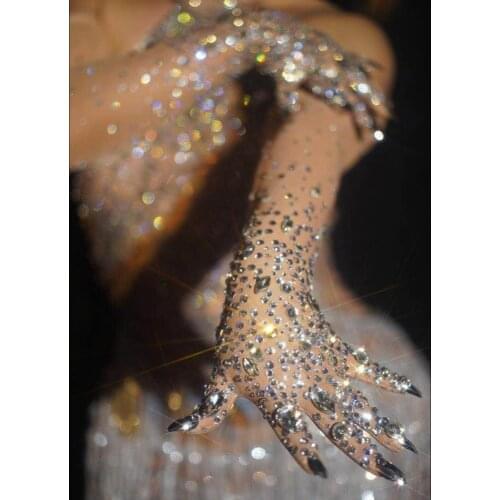 Women Sparkly Crystal Mesh Long Gloves Dancer Singer Nightclub Dance Stage Show Accessories Luxurious Stretch Rhinestones Glove