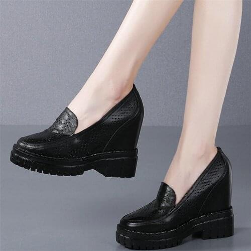 Summer Casual Shoes Women Hollow Genuine Leather High Heel Ankle Boots Female Increased Internal Round Toe Platform Pumps Shoes